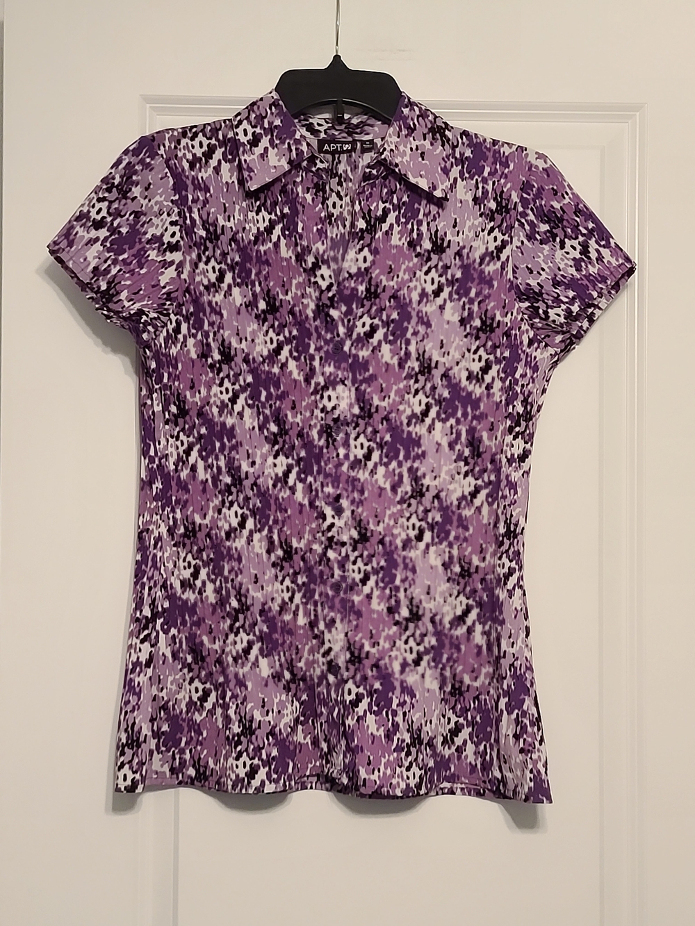 Apt. 9 Women's Sz M Short-Sleeve Button-Down Top, Purple/White/Black Print, EC